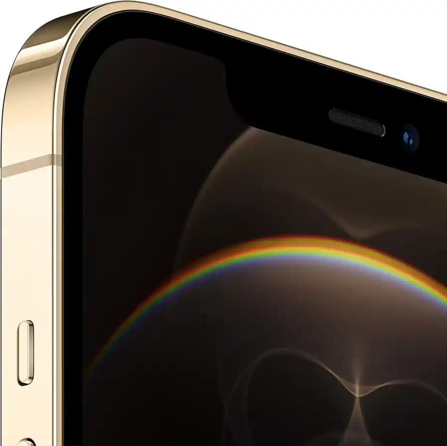 Close-up of a gold smartphone with a rainbow reflection on the screen, gold