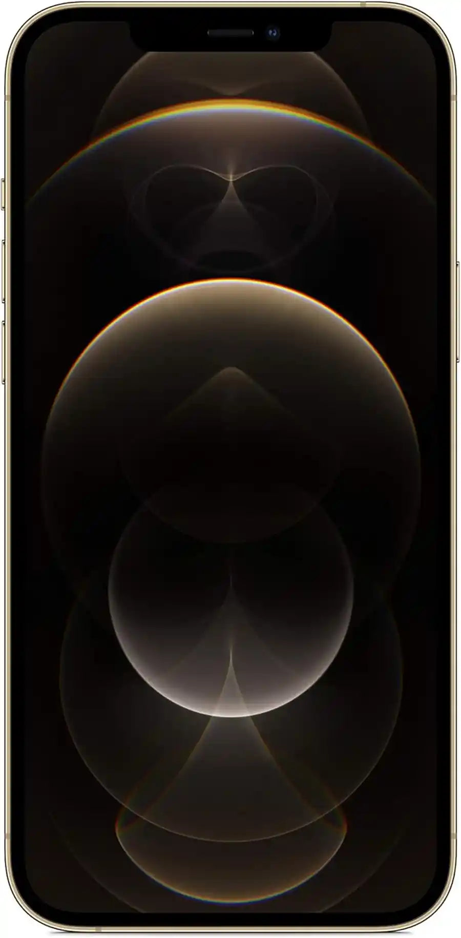 Smartphone with a black screen displaying abstract circular designs , gold