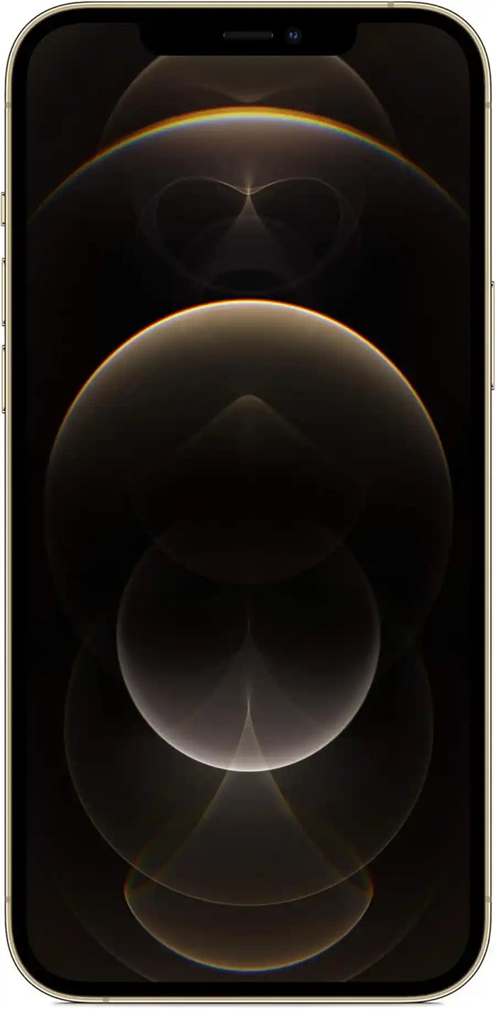 Smartphone with a black screen displaying abstract circular designs , gold