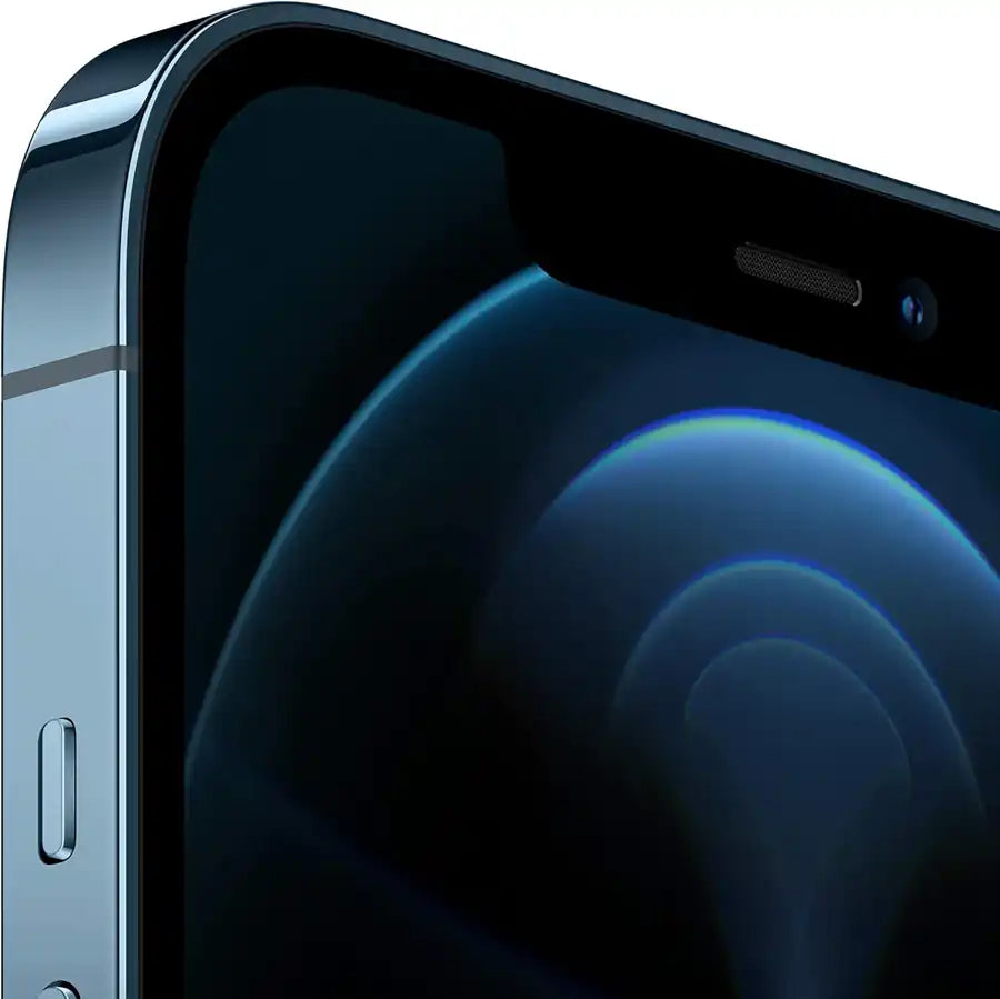 Close-up of a smartphone's side profile with a reflective ,pacific blue surface.